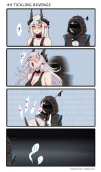 Rule 34 | !, !!, 1boy, 1girl, 4koma, ?, absurdres, arknights, artist name, black coat, black jacket, blush, bra, breasts, cleavage, coat, comic, commentary, doctor (arknights), english commentary, english text, hair ornament, heart, highres, hood, hood up, hooded coat, hooded jacket, implied sex, jacket, kinohara kossuta, large breasts, long hair, material growth, mudrock (arknights), open mouth, oripathy lesion (arknights), pointy ears, red eyes, spoken exclamation mark, spoken question mark, spoken sweatdrop, surprised, sweatdrop, underwear, white hair