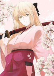 Rule 34 | 1girl, absurdres, alternate hair length, alternate hairstyle, blonde hair, cherry blossoms, commentary request, fate/grand order, fate (series), hakama, highres, japanese clothes, katana, kimono, long hair, minoe08, okita souji (fate), okita souji (koha-ace), over shoulder, pink kimono, sheath, sheathed, solo, sword, sword over shoulder, twitter username, weapon, weapon over shoulder, wide sleeves, yellow eyes