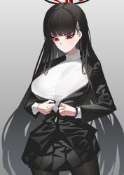 Rule 34 | 1girl, absurdres, black hair, black jacket, black pantyhose, black skirt, blazer, blue archive, blush, breasts, bright pupils, halo, highres, huge breasts, its2h35, jacket, long hair, long sleeves, looking down, pantyhose, pleated skirt, red eyes, rio (blue archive), simple background, skirt, solo, straight hair, sweatdrop, sweater, undersized clothes, very long hair, white pupils, white sweater