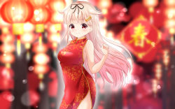Rule 34 | 1girl, bare arms, bare shoulders, black ribbon, blurry, blurry background, blush, breasts, china dress, chinese clothes, closed mouth, commentary request, depth of field, dress, hair flaps, hair ornament, hair ribbon, hairclip, hand up, highres, inahori, kantai collection, lantern, large breasts, light brown hair, long hair, looking at viewer, paper lantern, red eyes, ribbon, sleeveless, sleeveless dress, smile, solo, very long hair, yuudachi (kancolle)