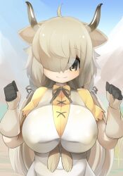 Rule 34 | 1girl, ahoge, black gloves, black ribbon, blue background, blush, breasts, brown eyes, brown gloves, brown horns, closed mouth, collared shirt, commentary request, gloves, hair between eyes, hair over one eye, hands up, highres, horns, kemono friends, kemono friends 3, large breasts, lets0020, light brown hair, long bangs, long hair, looking at viewer, neck ribbon, ribbon, shirt, smile, solo, two-tone gloves, upper body, vest, white vest, yak (kemono friends), yellow shirt
