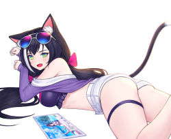 Rule 34 | 1girl, animal ear fluff, animal ears, ass, bare shoulders, bikini, black hair, breasts, cat ears, cat girl, cat tail, eyewear on head, fang, frills, glint, green eyes, highres, ipad, jacket, karyl (princess connect!), karyl (summer) (princess connect!), large breasts, long hair, long sleeves, looking at viewer, looking back, lying, midriff, multicolored hair, off shoulder, on stomach, open mouth, princess connect!, purple bikini, purple jacket, short shorts, shorts, simple background, siun, solo, streaked hair, sunglasses, sunglasses on head, swimsuit, tablet pc, tail, tail raised, thigh strap, thighs, very long hair, white-framed eyewear, white background, white shorts