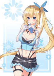 Rule 34 | 1girl, bare shoulders, black skirt, blue background, blue flower, blue ribbon, blue rose, blue vest, breasts, cleavage, cowboy shot, detached collar, digital thermometer, elbow gloves, flower, garter straps, gloves, gradient background, hair ribbon, holding, large breasts, long hair, looking at viewer, miniskirt, mirai akari, mirai akari project, navel, pleated skirt, raised eyebrows, ribbon, rose, shiny skin, side ponytail, skirt, sleeveless, solo, standing, stomach, suspender skirt, suspenders, thermometer, thigh strap, very long hair, vest, virtual youtuber, white gloves, yuxian youka