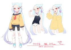 Rule 34 | 1girl, :/, arm at side, artist name, baggy clothes, bare shoulders, bike shorts, bike shorts under shorts, black camisole, black shorts, blue footwear, blue hair, blush, camisole, character name, character profile, character sheet, clione (owasaki), commentary request, cropped legs, cross-laced footwear, cross hair ornament, forehead, frown, gradient hair, hair ears, hair ornament, hairclip, height, highres, hood, hoodie, jitome, long hair, long sleeves, looking at viewer, loose socks, low twintails, misskey.io username, multicolored hair, multiple views, neckerchief, open mouth, original, owasaki, panties, pointy ears, purple hair, red eyes, red neckerchief, sailor collar, sailor shirt, shirt, shoes, short shorts, shorts, simple background, sleeves past wrists, smile, sneakers, socks, standing, twintails, twitter username, two-tone hair, underwear, v-shaped eyebrows, very long hair, white background, white panties, white socks, yellow hoodie, yellow shirt