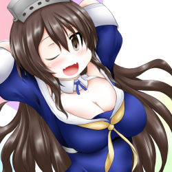 Rule 34 | 1girl, arms behind head, ashigara (kancolle), blue shirt, breasts, brown eyes, brown hair, cleavage, commentary request, cosplay, cowboy shot, fang, fangs, fletcher (kancolle), fletcher (kancolle) (cosplay), hairband, honeycomb (pattern), honeycomb background, kantai collection, large breasts, long hair, looking at viewer, looking down, multicolored background, neckerchief, off shoulder, one eye closed, ouno (nounai disintegration), sailor collar, school uniform, serafuku, shirt, skin fang, skin fangs, smile, solo, trait connection, wavy hair, white sailor collar, yellow neckerchief