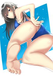 Rule 34 | 1girl, armpits, ass, barefoot, black hair, blue eyes, blush, breasts, cameltoe, feet, highres, long hair, looking at viewer, one-piece swimsuit, onineko-chan, original, soles, solo, swimsuit, toes, wet