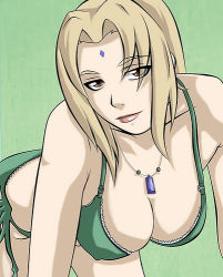 Rule 34 | bare shoulders, blonde hair, breasts, cleavage, facial mark, forehead mark, jewelry, jon kneeland, large breasts, leaning forward, lips, lowres, naruto, naruto (series), necklace, solo, swimsuit, tsunade (naruto), yellow eyes