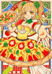 Rule 34 | 1girl, akari botan, blonde hair, breasts, cleavage, food, food-themed clothes, green eyes, green socks, highres, holding, holding food, looking at viewer, medium breasts, medium hair, original, over-kneehighs, pizza, pizza print, smile, socks, solo, thighhighs, tomato, tomato slice, twintails