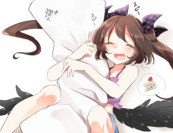Rule 34 | 1girl, abe suke, black wings, blush, body pillow, brown hair, cake, cake slice, dreaming, drooling, closed eyes, food, himekaidou hatate, open mouth, pillow, solo, spoken food, tank top, thought bubble, touhou, twintails, wavy mouth, wings