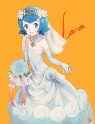 Rule 34 | 1girl, albreo, bare shoulders, blue eyes, blue hair, blush, bouquet, bridal veil, bride, character name, covered navel, creatures (company), dress, elbow gloves, flat chest, flower, game freak, gloves, hair flower, hair ornament, hairband, highres, jewelry, lana (pokemon), looking at viewer, matching hair/eyes, navel, necklace, nintendo, open mouth, ornate ring, pendant, pokemon, pokemon sm, ring, rose, short hair, signature, solo, strapless, strapless dress, veil, wedding dress, wedding ring, white dress, white flower, white gloves, white rose, wreath, yellow background
