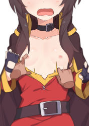 Rule 34 | 1girl, belt, belt buckle, black cape, black choker, black gloves, black hair, blush, breasts, buckle, cape, choker, clothes pull, collarbone, commentary, disembodied hand, dress, dress pull, duplicate, fingerless gloves, flat chest, gloves, head out of frame, highres, kono subarashii sekai ni shukufuku wo!, megumin, morisobo, motion lines, nipple stimulation, nipple tweak, nipples, off-shoulder dress, off shoulder, open mouth, pixel-perfect duplicate, pov, pov hands, red dress, short hair, short hair with long locks, simple background, small breasts, solo focus, sweatdrop, wavy mouth, white background