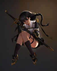 Rule 34 | 1girl, absurdres, alcoholism (kitana-chan), bad id, bad pixiv id, black hair, black legwear, braid, breasts, brown eyes, chest strap, closed mouth, hair between eyes, highres, holding, holding sword, holding weapon, knees together feet apart, long hair, looking at viewer, mecha musume, mechanical arms, original, shirt, simple background, single braid, solo, strap, sword, weapon, white shirt
