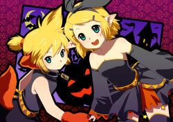 Rule 34 | 1boy, 1girl, bare shoulders, bat (animal), blonde hair, bow, brother and sister, detached sleeves, green eyes, hair bow, halloween, kagamine len, kagamine rin, open mouth, pointy ears, siblings, tail, ten (artist), ten (kisako), thighhighs, twins, vocaloid