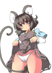 Rule 34 | 1girl, absurdres, animal ears, between legs, blush, breasts, capelet, clothes lift, dress, dress lift, female focus, grey hair, highres, kogetsu, long sleeves, mouse ears, mouse tail, nazrin, panties, red eyes, short hair, solo, tail, tail between legs, touhou, underwear, white panties