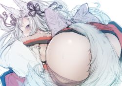 Rule 34 | 10s, 1girl, animal ears, ass, ass focus, bent over, blue eyes, blush, bow, breasts, cross-laced clothes, detached sleeves, embarrassed, erune, foreshortening, from behind, fur trim, granblue fantasy, hair ribbon, huge ass, inayama, japanese clothes, kimono, long hair, long sleeves, looking at viewer, looking back, md5 mismatch, no bra, no panties, partially visible vulva, raised eyebrows, resized, ribbon, side slit, sideboob, simple background, sketch, sleeves past wrists, societte (granblue fantasy), solo, sweat, tail, tail censor, very long hair, white background, white hair, wide sleeves, wolf ears, wolf tail