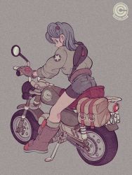 Rule 34 | 1girl, 2019, bag, belt, bike shorts, blue eyes, blue hair, boots, brown footwear, brown gloves, bulma, dragon ball, dragon ball (classic), from behind, full body, gloves, grey background, highres, jacket, license plate, long hair, long sleeves, looking at viewer, looking back, mirror, motor vehicle, motorcycle, on motorcycle, profile, puffy long sleeves, puffy sleeves, riding, serious, shorts under shorts, simple background, solo, star (symbol), uzuta