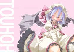 Rule 34 | 1girl, bad id, bad pixiv id, bat wings, blush, brooch, closed eyes, female focus, highres, jewelry, light purple hair, open mouth, petals, pointy ears, remilia scarlet, short hair, shunsuke, skirt, skirt set, solo, touhou, wings