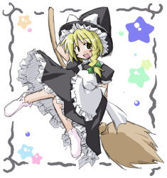 Rule 34 | 1girl, apron, arm behind head, black dress, blonde hair, blush, bow, braid, broom, broom riding, dress, eyebrows, female focus, frilled apron, frilled skirt, frills, green bow, hair bow, hat, hat bow, kirisame marisa, knees together feet apart, kugelschreiber, open mouth, puffy short sleeves, puffy sleeves, short hair, short sleeves, side braid, single braid, skirt, smile, socks, solo, star (symbol), touhou, white bow, witch hat