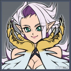 Rule 34 | bare shoulders, breasts, cleavage, colored inner hair, duel monster, feathers, green eyes, grey background, hands framing own cheeks, harpie conductor, harpy, large breasts, lips, long hair, monster girl, multicolored hair, purple hair, rindou akira, smile, swept bangs, white feathers, white hair, white wings, winged arms, wings, yu-gi-oh!