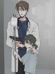 Rule 34 | 1boy, 1girl, black hair, blue shirt, brown eyes, brown hair, clinic, clipboard, coat, doctor, glasses, grey background, gureru (r grey1204), hair between eyes, hand on another&#039;s shoulder, highres, hiyama kiyoteru, holding, holding clipboard, hospital, hospital gown, intravenous drip, iv stand, kaai yuki, lab coat, looking at viewer, looking back, low twintails, messy hair, shirt, short hair, short twintails, sick, stethoscope, turning head, twintails, vocaloid, white coat, yellow eyes