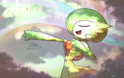 Rule 34 | 1girl, arm up, blurry, bob cut, bokeh, closed eyes, cloud, cloudy sky, colored skin, cowboy shot, creatures (company), depth of field, female focus, flat chest, game freak, gardevoir, gen 3 pokemon, green hair, green skin, grey sky, hair over one eye, hand on own chest, hand up, happy, multicolored skin, nintendo, null suke, open mouth, outdoors, outstretched arm, petals, pokemon, pokemon (creature), rainbow, redrawn, short hair, sky, smile, standing, tree, two-tone skin, white skin