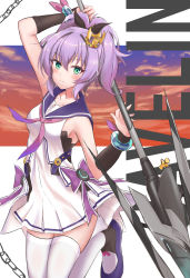 Rule 34 | 1girl, arm up, armpits, azur lane, bare shoulders, black ribbon, blue sky, bow, bracelet, breasts, bridal gauntlets, budesonide, chain, character name, cloud, cloudy sky, collarbone, commentary, cowboy shot, crown, dress, gradient sky, green eyes, hair between eyes, hair ribbon, high ponytail, highres, holding javelin, javelin, javelin (azur lane), jewelry, looking at viewer, medium breasts, mini crown, neckerchief, orange sky, purple bow, purple footwear, purple hair, purple neckerchief, purple sailor collar, retrofit (azur lane), ribbon, sailor collar, sailor dress, shoes, sidelocks, sky, sleeveless, sleeveless dress, smile, solo, thighhighs, tilted headwear, waist bow, white background, white thighhighs, zettai ryouiki