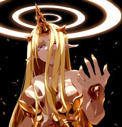 Rule 34 | 1girl, armor, blonde hair, bracelet, breasts, circlet, collarbone, commentary request, fingernails, glowing, glowing eyes, gold, hair over one eye, halo, hayabusa aoi, highres, horns, jewelry, large breasts, long hair, looking at viewer, nail polish, original, pointy ears, purple eyes, sharp fingernails, signature, single horn, solo, very long hair