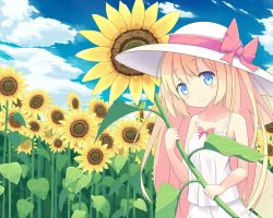 Rule 34 | 1girl, bare arms, blonde hair, blue eyes, blue sky, blush, bow, breasts, closed mouth, cloud, collarbone, commentary request, day, dress, flower, happy, hat, hat bow, head tilt, highres, hino (yuruyurukoubou), holding, holding plant, lily white, long hair, outdoors, oversized plant, plant, red bow, sky, sleeveless, sleeveless dress, small breasts, smile, solo, spaghetti strap, sun hat, sundress, sunflower, touhou, very long hair, white dress, white hat