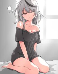 Rule 34 | 1girl, :c, arm at side, arm between legs, armpit crease, bare legs, bare shoulders, barefoot, black hair, black shirt, breasts, cleavage, collarbone, day, dot nose, feet, grey hair, highres, hololive, indoors, large breasts, long bangs, long hair, looking at viewer, multicolored hair, no pants, off-shoulder shirt, off shoulder, on bed, one eye closed, open mouth, pink eyes, sakamata chloe, shirt, short sleeves, sidelocks, sitting, solo, straight hair, streaked hair, toes, virtual youtuber, wariza, window, yu d1005