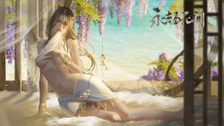 Rule 34 | 1girl, absurdres, bare legs, breasts, brown hair, canaan (yong jie wujian), clothes in mouth, falling petals, flower, full body, fur blanket, highres, jewelry, liu hua ran yu, long hair, lying, miniskirt, mouth hold, navel, on side, petals, shirt, shirt in mouth, skirt, solo, transparent curtains, underboob, water, waves, white shirt, wisteria, yong jie wujian