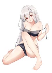 Rule 34 | 1girl, absurdres, bare arms, bare shoulders, barefoot, bikini, bikini pull, black bikini, braid, breasts, cleavage, clothes pull, commission, highres, knee up, laneigu, long hair, looking at viewer, medium breasts, multi-strapped bikini, original, parted lips, red eyes, shio (shirone), simple background, sitting, solo, string bikini, swimsuit, thighs, untied bikini, white background, white hair