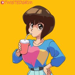 Rule 34 | 1girl, @ @, animated, animated gif, artist name, belt, breast padding, brown eyes, brown hair, cup, drinking, drinking straw, english text, hand on own hip, p-chan, patreon logo, pig, ranma 1/2, smile, tendou nabiki, twistedgrim, upper body