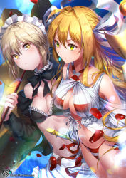 Rule 34 | 2girls, absurdres, artoria pendragon (all), artoria pendragon (alter swimsuit rider) (fate), artoria pendragon (alter swimsuit rider) (second ascension) (fate), artoria pendragon (fate), bikini, black bikini, black ribbon, blonde hair, blush, breasts, choker, chromatic aberration, closed mouth, earrings, fate/grand order, fate (series), highres, jewelry, kyjsogom, large breasts, long hair, looking at viewer, maid headdress, medium breasts, multiple girls, navel, nero claudius (fate), nero claudius (fate) (all), nero claudius (swimsuit caster) (fate), nero claudius (swimsuit caster) (third ascension) (fate), pale skin, pixiv username, ribbon, saber alter, short hair, side-tie bikini bottom, smile, striped bikini, striped clothes, swimsuit, yellow eyes