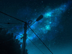 Rule 34 | blue sky, blue theme, commentary, english commentary, highres, making-of available, mclelun, milky way, monochrome, night, night sky, no humans, original, outdoors, photoshop (medium), power lines, scenery, sky, star (sky), starry sky, tree, utility pole