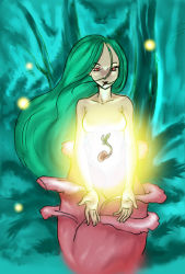 Rule 34 | 1girl, female focus, flower, glowing, green hair, long hair, looking at viewer, mini person, minigirl, monster girl, no nipples, nude, plant girl, red eyes, solo