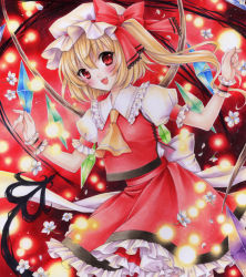 Rule 34 | 1girl, 6kusa, acrylic paint (medium), ascot, blonde hair, blush, embodiment of scarlet devil, female focus, flandre scarlet, flower, hat, laevatein, open mouth, painting (medium), red eyes, side ponytail, skirt, skirt set, solo, touhou, traditional media, wings, wrist cuffs