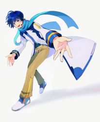Rule 34 | 1boy, belt, blue eyes, blue hair, blue scarf, brown pants, coat, commentary, derivative work, english commentary, foreshortening, full body, headset, highres, kaito (vocaloid), leaning forward, looking at viewer, male focus, open mouth, outstretched arms, pants, scarf, shadow, shoes, smile, sneakers, vocaloid, vocaloid boxart pose, white background, white coat, xhinokox