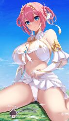 Rule 34 | 1boy, 1girl, absurdres, artist request, bare shoulders, blue eyes, blue sky, blush, bracelet, braid, breasts, brown hair, city, day, detached sleeves, giant, giantess, gold, grass, highres, huge breasts, jewelry, kneeling, looking down, mountain, panties, pink hair, princess connect!, sky, smile, speech bubble, underwear, yui (princess connect!)