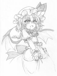 Rule 34 | 1girl, back bow, bat wings, bow, collared shirt, fang, fang out, frilled shirt, frilled shirt collar, frilled sleeves, frills, graphite (medium), greyscale, hair between eyes, hat, highres, marukyuu ameya, medium hair, mob cap, monochrome, open mouth, puffy short sleeves, puffy sleeves, remilia scarlet, shirt, short sleeves, simple background, skin fang, skirt, solo, touhou, traditional media, white background, wings, wrist cuffs