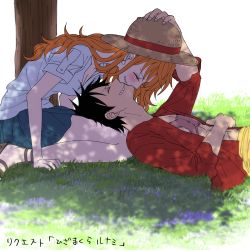 Rule 34 | 1boy, 1girl, absurdres, black hair, blush, closed eyes, couple, hand on another&#039;s head, hat, highres, long hair, lying, monkey d. luffy, nami (one piece), on lap, one piece, orange hair, oshicpume, scar, scar on face, shade, short hair, smile