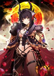Rule 34 | 1girl, artist name, asymmetrical clothes, black hair, blood, blood splatter, breasts, cape, claw (weapon), cleavage, closed mouth, earrings, facial mark, gem, headgear, horns, jewelry, large breasts, long hair, navel, o-ring, original, puchipu, red cape, revealing clothes, serious, single pantsleg, solo, sparkle, stomach, thigh strap, weapon, yellow eyes