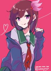 Rule 34 | 1girl, blue jacket, brown hair, commentary request, crescent, crescent pin, dated, green sailor collar, highres, jacket, johssnny, kantai collection, kisaragi (kancolle), kisaragi kai ni (kancolle), long hair, neckerchief, one-hour drawing challenge, purple eyes, red background, red neckerchief, sailor collar, school uniform, serafuku, solo, tongue, tongue out, twitter username, upper body