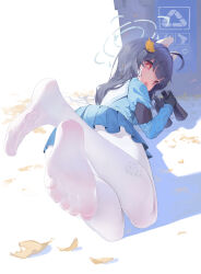 Rule 34 | 1girl, absurdres, animal ear headphones, animal ears, ao run juzi, binoculars, black hair, blue archive, blue halo, blue shirt, blue skirt, bright pupils, commentary request, fake animal ears, feet, foot focus, halo, headphones, highres, holding, holding binoculars, long hair, looking at viewer, looking back, lying, miyu (blue archive), no shoes, on stomach, open mouth, pantyhose, rabbit ear headphones, red eyes, sailor collar, school uniform, see-through, see-through legwear, serafuku, shirt, skirt, soles, solo, toes, trash can, white pantyhose, white pupils, white sailor collar