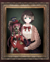 Rule 34 | 1girl, absurdres, angie (resident evil), black hair, black neckwear, bow, bowtie, cardigan, cosplay, crack, detached sleeves, doll joints, dress, expressionless, eyepatch, fuwanian, gothic lolita, green eyes, highres, hololive, houshou marine, houshou marine (gothic lolita), houshou marine (cosplay), joints, lolita fashion, oozora subaru, oozora subaru (casual), open cardigan, open clothes, picture frame, pink cardigan, pocket watch, puppet, red dress, red eyes, red hair, red neckwear, red sleeves, resident evil, resident evil village, shirt, short hair, virtual youtuber, watch, white shirt