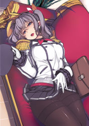Rule 34 | 1girl, :d, absurdres, bag, blue eyes, blush, buttons, couch, double-breasted, epaulettes, gloves, grey hair, grey skirt, hat, unworn hat, unworn headwear, highres, holding, holding clothes, holding hat, jacket, kantai collection, kashima (kancolle), long sleeves, looking at viewer, lying, mil (xration), miniskirt, neckerchief, on back, on couch, open mouth, pantyhose, pleated skirt, red neckerchief, skirt, smile, solo, thighband pantyhose, twintails, white gloves, white jacket