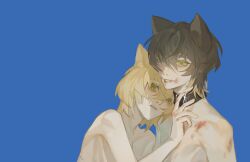 Rule 34 | 2boys, age difference, aged down, animal ears, black hair, blonde hair, blood, blood on chest, blue background, cat ears, collar, colored tips, commentary, english commentary, expressionless, green eyes, highres, kemonomimi mode, leaning on person, lunarlessrkgk, male focus, medium hair, messy hair, multicolored hair, multiple boys, scar, scar on face, skinny, slow damage, smile, topless male, towa (slow damage), upper body