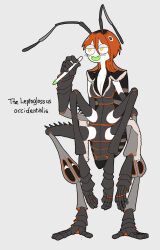 1girl absurdres antennae arthropod_girl arthropod_limbs commentary_request english_text fangs full_body grey_background highres holding medium_hair monster_girl nicoq_(koikoihaihai) open_mouth orange_hair original simple_background solo standing stinkbug taur yellow_eyes