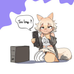 Rule 34 | 1girl, :&gt;, animal ears, asymmetrical legwear, bare shoulders, bike shorts under skirt, black jacket, black thighhighs, blonde hair, blush, brown skirt, computer, coyote (kemono friends), english text, extra ears, graphics card, hair between eyes, highres, jacket, kemono friends, kemono friends v project, kneeling, light brown hair, long sleeves, mcgunngu, microphone, midriff, no shoes, pleated skirt, seiza, shirt, short hair, sidelocks, sitting, skirt, smile, solo, spaghetti strap, striped clothes, striped thighhighs, sweatdrop, tail, thighhighs, two-tone thighhighs, vertical-striped clothes, vertical-striped thighhighs, virtual youtuber, white hair, white shirt, white thighhighs, wolf ears, wolf girl, wolf tail, yellow eyes, yellow thighhighs
