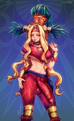 Rule 34 | 1futa, abs, armband, breasts, bulge, chin piercing, erection, fate/grand order, fate (series), futanari, green eyes, green nails, hat, highres, huge penis, jewelry, large breasts, long hair, nail polish, necklace, orange hair, penis, quetzalcoatl (fate), sandals, solo, wrist guards