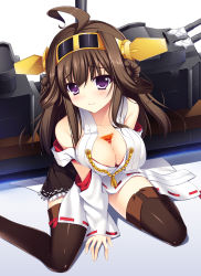 Rule 34 | 10s, 1girl, ahoge, blush, boots, braid, breasts squeezed together, breasts, brown hair, brown thighhighs, bust cup, cleavage, detached sleeves, hairband, highres, japanese clothes, kantai collection, kongou (kancolle), large breasts, long hair, looking at viewer, machinery, miniskirt, nontraditional miko, personification, purple eyes, raiou, ribbon-trimmed sleeves, ribbon trim, sexually suggestive, sitting, skirt, smile, solo, tea, thigh boots, thighhighs, turret, wariza, zettai ryouiki